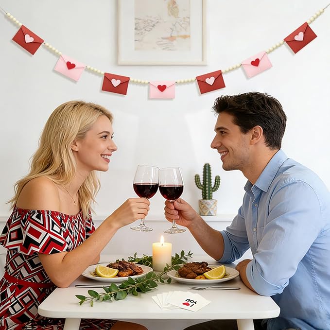 Valentines Day Decorations, Felt Heart and Envelope Garland with Wooden Beads, Valentines Day Garland for Mantle, Heart Decorations, Banner, Fireplace, Wall, Party (Openable Envelope)
