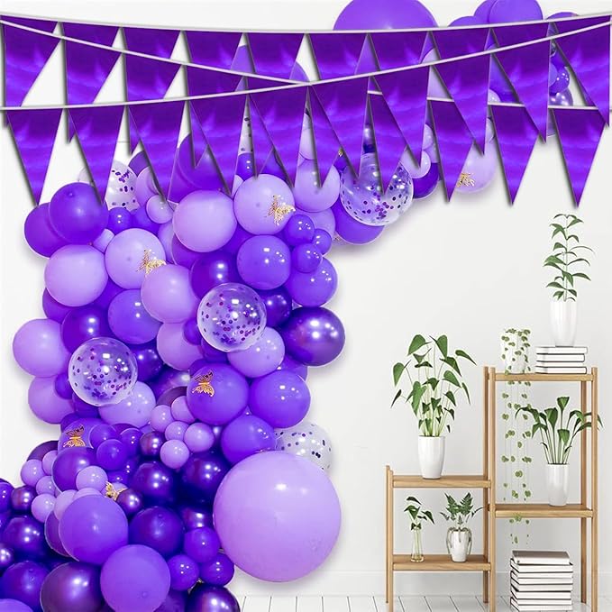 20M/65FT Purple Triangle Pennant Banner Flag Metallic Fabric Bunting Garland for Christmas Graduation Wedding Engagement Anniversary Bachelorette Birthday Bridal Shower Valentines Hen Party Supplies