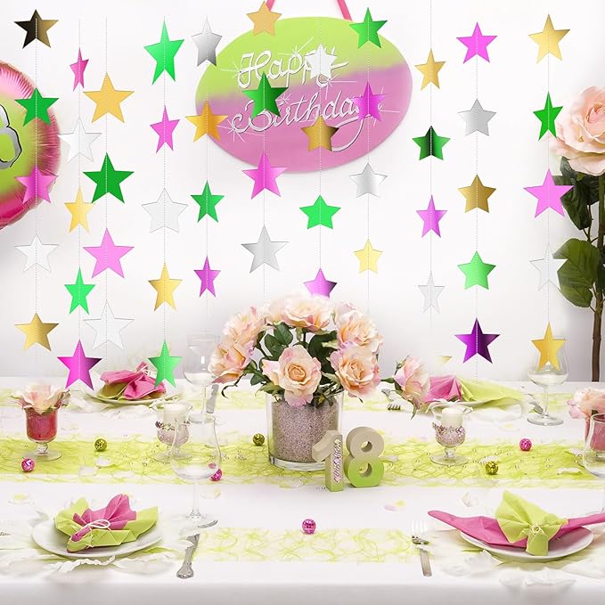 Patelai Glitter Star Garland Banner New Years Decor 130 Feet Star Hanging Banner Twinkle Backdrop for Birthday Classroom Wedding Halloween Christmas Party Supplies(Green,Pink,Gold,Silver)
