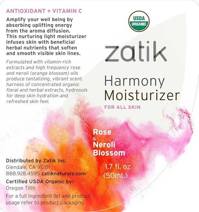 Zatik Naturals - Harmony Moisturizer with Rose and Neroli Blossom, USDA Organic, Vegan, Non GMO, Gluten Free, Soy Free, Alcohol Free, pH Balanced, Biodegradable, 1.7 fl oz 50ml