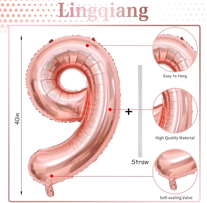 40 Inch Rose Gold Large Numbers Balloons 0-9, Self Inflating Foil Number 9 Helium Balloons for 9th Girls, Big Digit 9 Balloons for Women Birthday Party Anniversary Graduation Supplies Decorations