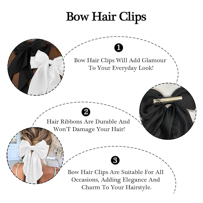 Silky Satin Women's Hair Bows with Long Tail Bowknot for Hair Clips, Accessories and Gifts (Black)