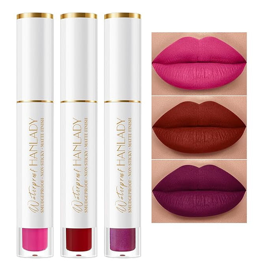 Berry Pink Red Lipstick 3Pc Long Lasting Lipsticks for Women Pigmented Smudgeproof Transferproof Vegan Cruelty Free Lip Color, A66/44/12
