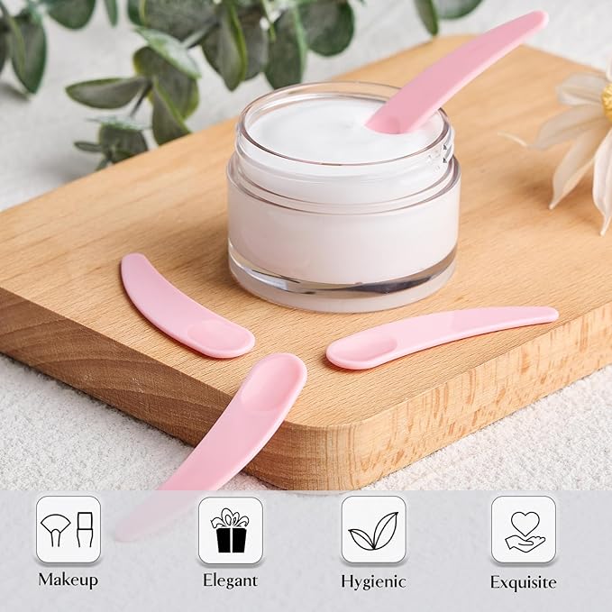 TUZAZO 200pcs Mini Spatula for Cosmetics, Bulk Disposable Makeup Spatulas Mini Plastic Makeup Scoop Spatulas for Cosmetic Mixing and Sampling (Pink with Storage Box)