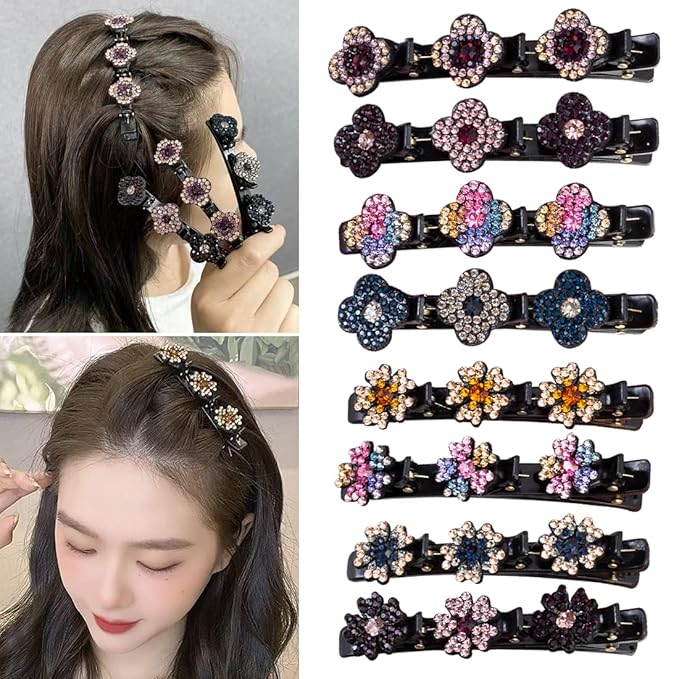 Sparkling Crystal Stone Braided Hair Clover Clips for Thick Thin Hair, Girls/Women Hair Accessories for Styling Sectioning, Large, 8 Pcs