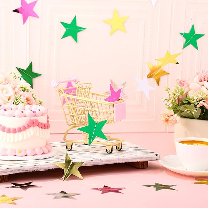 Patelai Glitter Star Garland Banner New Years Decor 130 Feet Star Hanging Banner Twinkle Backdrop for Birthday Classroom Wedding Halloween Christmas Party Supplies(Green,Pink,Gold,Silver)