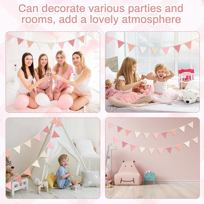 2PCS Pennant Banner Flags, Fabric Bunting Banner Nursery Garland Decor, Baby Shower Garland, Triangle Flags for Baby Boy Room, Playroom, Boho Birthday Party Decor, Each 7.75 ft (Pink Beige)