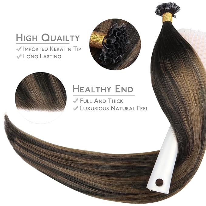 WENNALIFE K Tip Hair Extensions Real Human Hair, 50g 50s 22 Inch Balayage Dark Brown Mixed Chestnut Brown Remy Hair U Tip Invisible Straight Keratin Bond Hot Fusion Hair