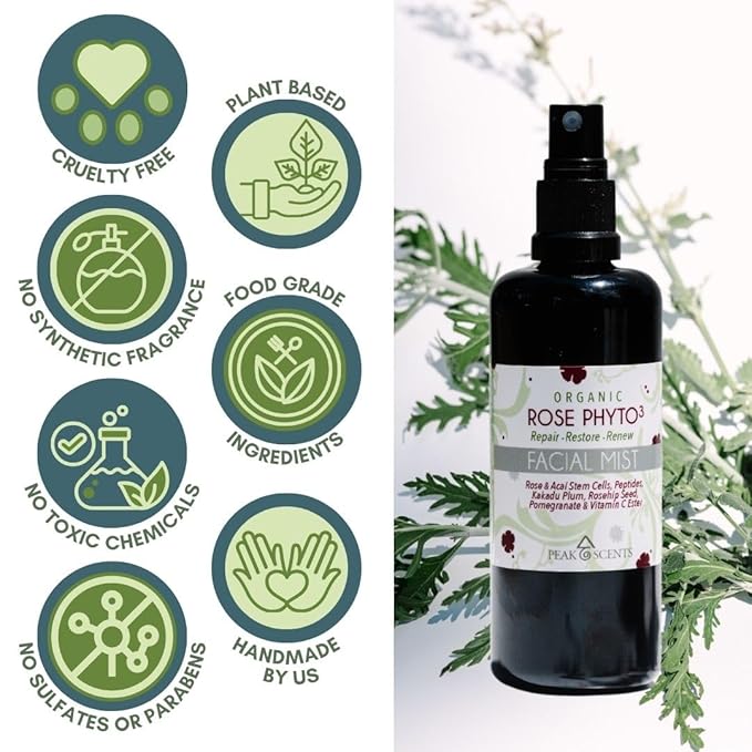 Peak Scents - Organic & Vegan Rose Phyto³ Water Facial Spray - Moisturizing Face Mist & Setting Spray, Soothing, Hydrating Mist Rose Water For Face - Great for Facial Massaging (4 oz)