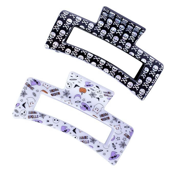 2PCS Halloween Hair Claws for Women - Laser Skull Hat Claw, Pumpkin Bat Witch Clips - Square Clip for Thick and Thin Hair, Strong Hold Jaw Accessories for Halloween Party Decor