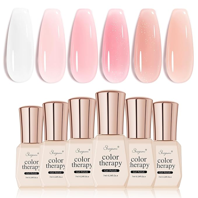 Icy Jelly Nude Pink Gel Nail Polish Set of 6 Transparent Milky White Colors Sheer Gel Polish x Kit for Salon Manicure and Nail Art DIY at Home