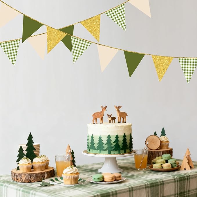 Sage Green Gold Buffalo Plaid Pennant Banner Flag Oilve Green Gold Hanging Glitter Paper Triangle Bunting for Birthday Neutral Baby Shower Wedding Safari Jungle Woodland Party Decorations Supplies