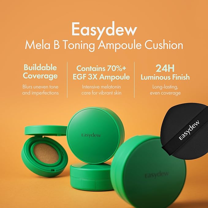 Easydew Mela B Toning Ampoule Cushion - 3-in-1 Age-Defying Sun Shield Full Coverage Cushion Foundation with Niacinamide & Hyaluron-Vital C - Face Makeup Korean Skin Care 0.45 oz (#27 Golden)
