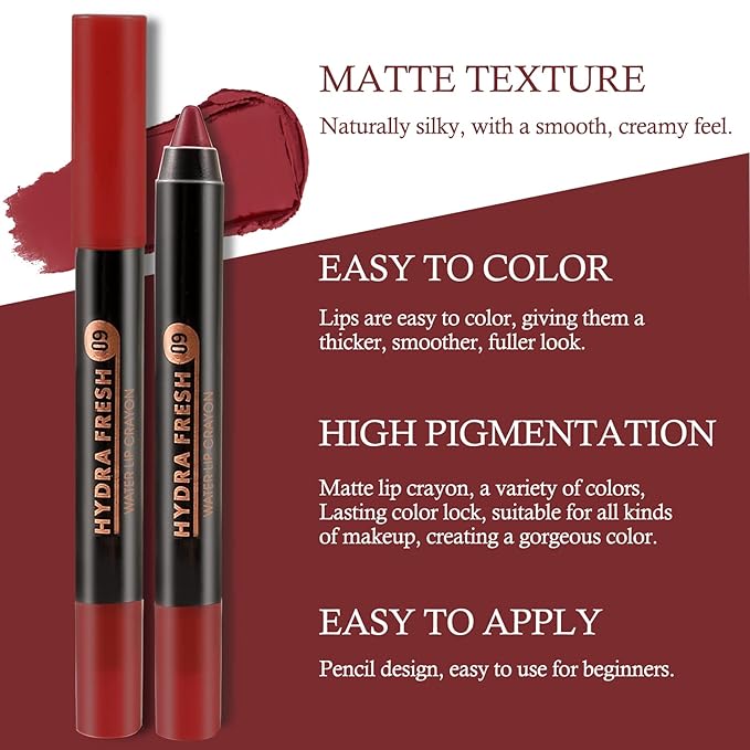 Boobeen Velvety Creamy Matte Lip Liner - Full Coverage High Pigment Waterproof Long Lasting Lipstick for Women, Matte Lip Color with Smooth (#09)