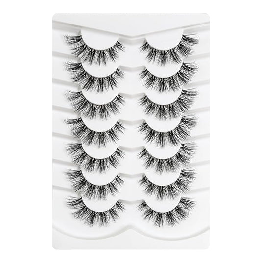 3D Clear Band Lashes 14mm Natural Soft Faux Mink Lashes C/D Curl Cat Eye Wispy Fake Eyelashes Short Cross Reusable False EyeLashes 7 Pairs (No.199)