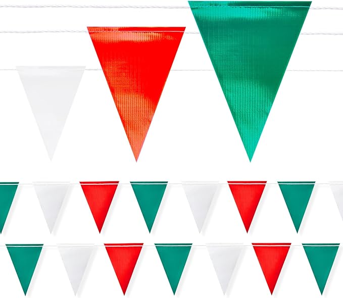 Safety Warning Pennant Banner Flags – Multipurpose OSHA High Visibility Colored Triangle Flags for Roadwork, Party and Hazard Areas(GREEN+WHITE+RED,45Pcs,105FT)