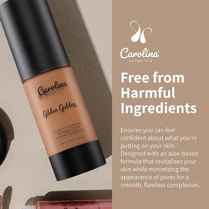 Carolina Cosmetics - Foundation in Golden Goddess Shade Plant-Based - Hydrating, Pore-Minimizing & Buildable Coverage - Vegan, Non-GMO - 1fl oz