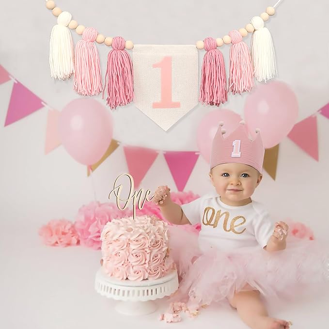 Pink Baby Girl 1st High Chair Banner Wood Bead Tassel Garland Crown Hat Wooden Cake Topper Birthday Party Decorations