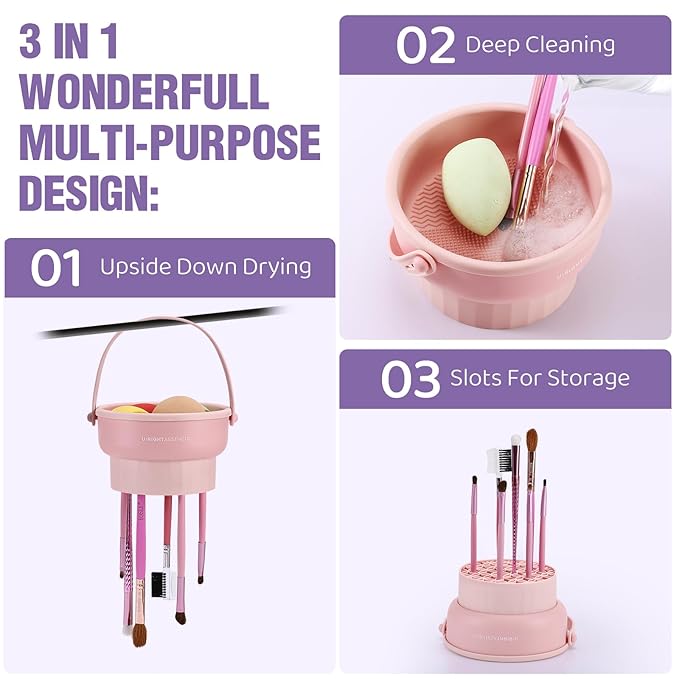 Makeup Brush Cleaner Mat 3 in 1 Silicone Makeup Brush Cleaner Bowl Cosmetic Brushes Cleaning Tool Organizer for Storage and Air Drying（Khkai