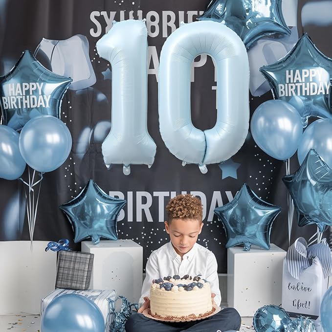 40 Inch 10 Balloon Number, Large Pastel Matte Baby Blue Foil Number 10 Balloons Birthday Party Decor, Light Powder Blue Helium Mylar Self Inflating Balloon for Boy 10th Birthday Anniversary Decoration