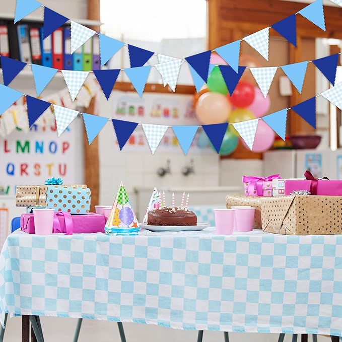 33 Ft Hanging Banner Decoration Triangle Flag Blue Pennant Plaid Fabric Bunting Garland for Birthday Wedding Baby Shower Party Supplies