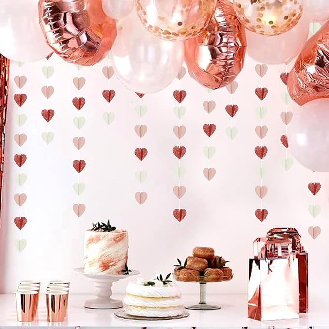Rose-Gold Pink White 3D-Heart Garland - 39Ft Party Decorations Hanging Paper Streamers Banner,Engagement Wedding Bachelorette Baby Bridal Shower Decor Ouruola