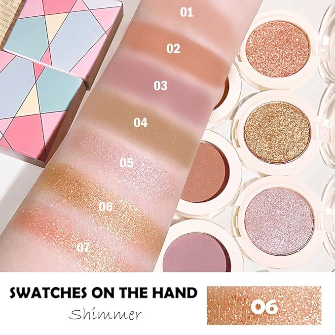 Eyeshadow Single Glitter, High-Pigment Monochrome Eye Shadow Pressed Powder, Everyday Velvety Silky Eye Makeup Looks, Professional Long-Lasting Waterproof Single Eyeshadow Palette, Champagne Gold 06