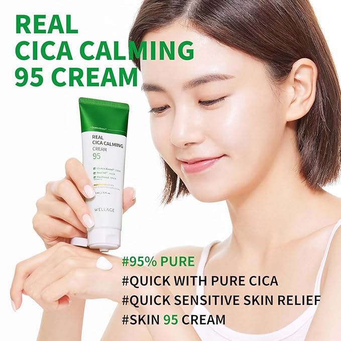 WELLAGE Cica Calming Cream - Korean Face Soothing Moisturizer, High Purity Madecassoside with Centella Asiatica Panthenol - Calms Sensitive Skin, Anti-Redness & Rosacea, Anti-Scaling & Blemish, 2.7oz