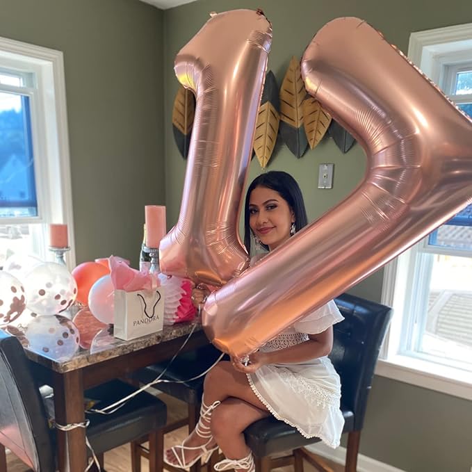 Rose Gold Number Balloons, 40inch Large Number 7 Foil Mylar Helium Balloons, Self Inflating Number Balloons 0-9 for Girls Women 7th 17th 70th Birthday Anniversary Party Graduation Decoration Supplies