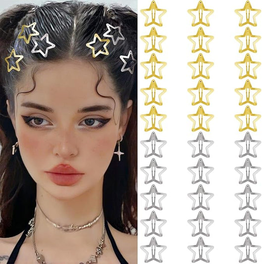 Star Hair Clips 2000s Y2K Snap Hair Barrettes Non Slip Star Hair Accessories Gold Silver Metal Hair Clips for Girls Women -30 PCS 1.18"