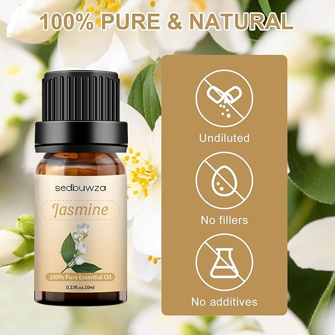 Sedbuwza Jasmine Essential Oil, Pure Organic Jasmine Fragrance Oil for Diffuser, Humidifier, Soap, Candle, Perfume