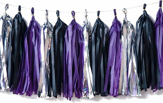 Black,Purple and Silver Tassel Garland,Paper Tassel Banner,Table Decor,Purple,Black and Silver Tissue Tassels Party Decor Supplies for Party,DIY Kits - (15 PCS)