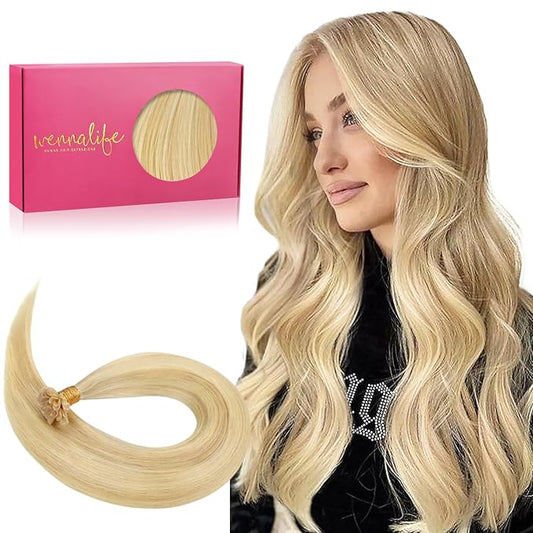 WENNALIFE U Tip Hair Extensions Human Hair, 50g 50s 16 Inch Light Blonde Highlighted Golden Blonde Remy Hair Extensions K Tip Hair Extension Real Human Hair Invisible Straight Keratin Hair Extensions