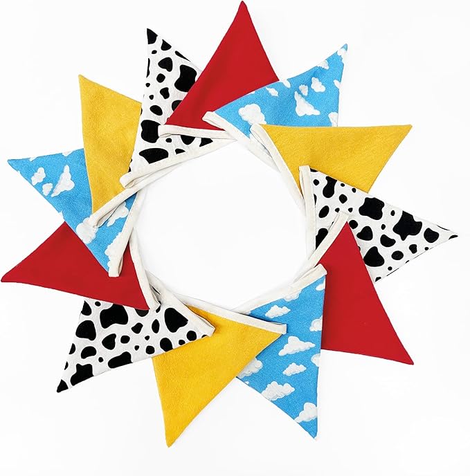 2 Sets of Cartoon Story Party Decorations Nursery Garland 24Pcs Red Blue Yellow Toy Themed Story Fabric Banner Cloud and Cow Print Triangle Pennant Flag Streamers for Kids Birthday Baby Shower Decor