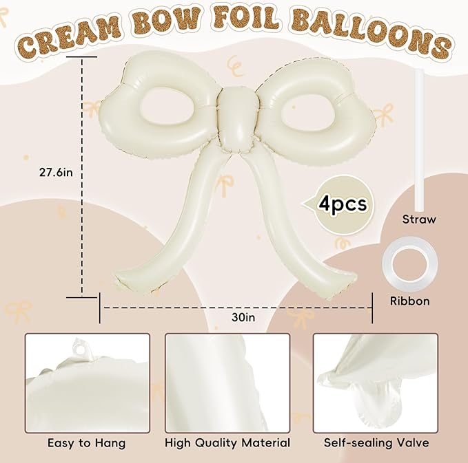 4 Pcs Bow Birthday Decorations Cream Bow Balloons for Girl Women Bow Themed Party Decorations Giant Foil Beige Balloons for Birthday Baby Shower Gender Reveal Wedding Decor Party Supplies