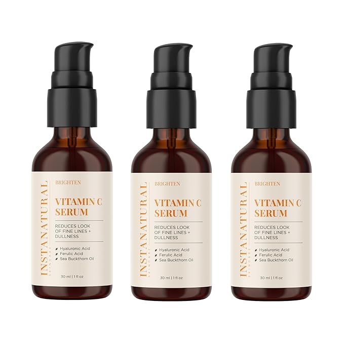 InstaNatural Vitamin C Face Serum with Hyaluronic Acid & Ferulic Acid | Brightening & Hydrating Formula for Radiant, Smooth-Looking Skin – 1 FL Oz - 3 Pack