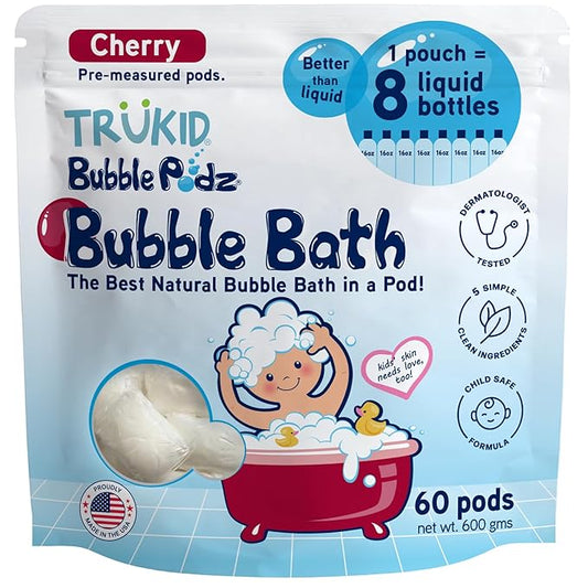 TruKid Bubble Podz Bubble Bath for Kids, Toddlers, & Babies, Tear Free Gentle & Refreshing Bath Bomb for Sensitive Skin with Natural Moisturizers, Non-Toxic, pH Balanced, Cherry Scent (60 Podz)