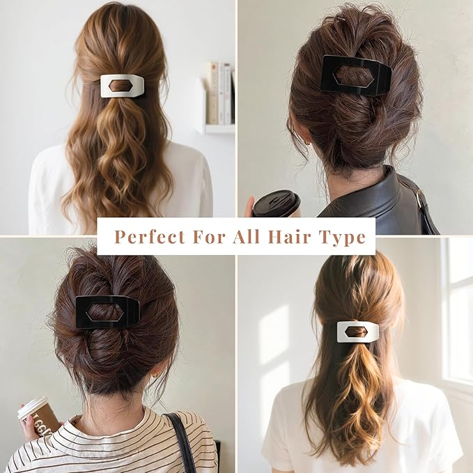 8 Pack Black White Flat Hair Clips for Women – Large Glossy Rectangle No-Slip Claw Clips for Thick & Thin Hair, Strong Hold Square Hair Accessories