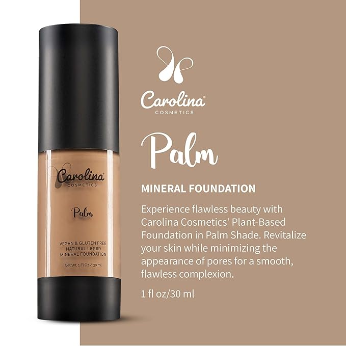 Carolina Cosmetics - Plant-Based Foundation in Palm Shade - Hydrating, Pore-Minimizing & Buildable Coverage - Vegan, Non-GMO, Gluten-Free, Paraben-Free- Sun Protection - 1Fl Oz