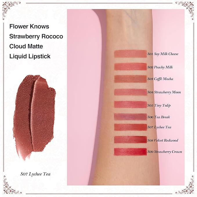 Flower Knows Strawberry Rococo Cloud Lip Cream,Long Lasting Rosy Terracotta Matte Lipstick,Hydrating Lip Stain,Transfer & Smudge Proof Velvet Liquid Lipstick for Girl&Women,0.12 Fl Oz(S07 Lychee Tea)