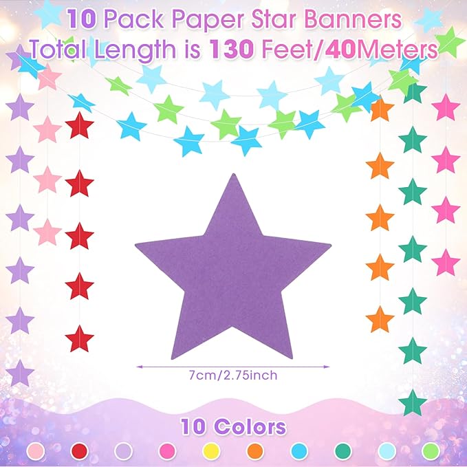 Patelai Glitter Star Garland Banner New Years Decor 130 Feet Star Hanging Banner Twinkle Backdrop for Birthday Classroom Wedding Halloween Christmas Party Supplies(Rainbow)