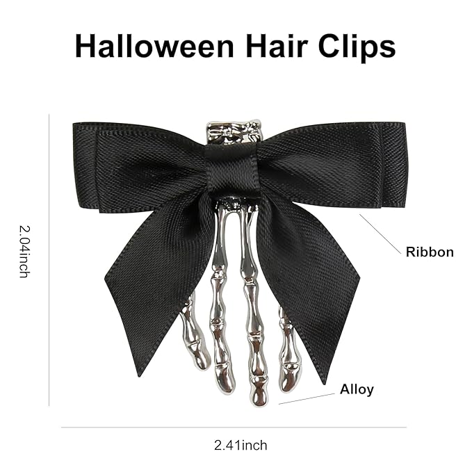 2 Pcs Halloween Skeleton Hand Hair Clips with Bowknot Cute Skull Hand Hair Clip for Women Party Cosplay Hair Accessories