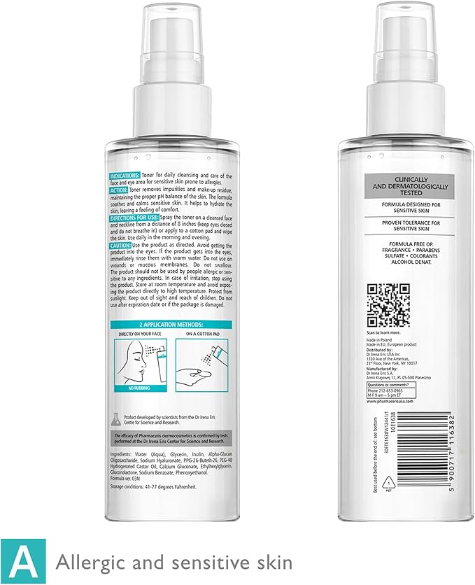 Pharmaceris Calming Mist Toner - Soothing & Hydrating Face Mist for Sensitive & Allergy-Prone Skin; Restores pH, Refreshes & Supports Skin’s Barrier & Microbiome Puri-SENSILIQUE, 6.76 fl oz