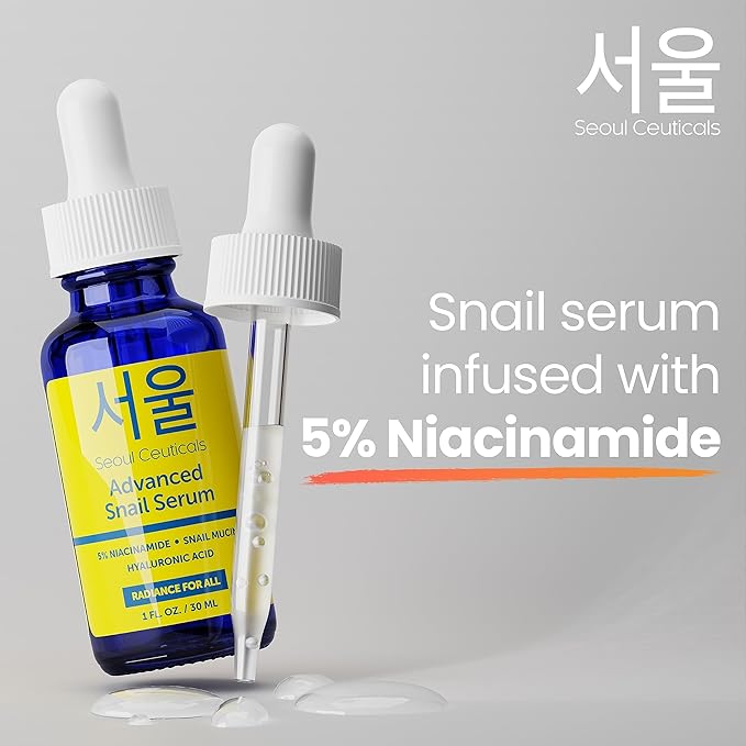 SeoulCeuticals Korean 5% Niacinamide + Snail Mucin 97.5% Essence Serum + Hyaluronic Acid, Cruelty Free Korean Skin Care, Natural & Organic Anti Aging Face Serum for Dull Skin, K Beauty 1oz