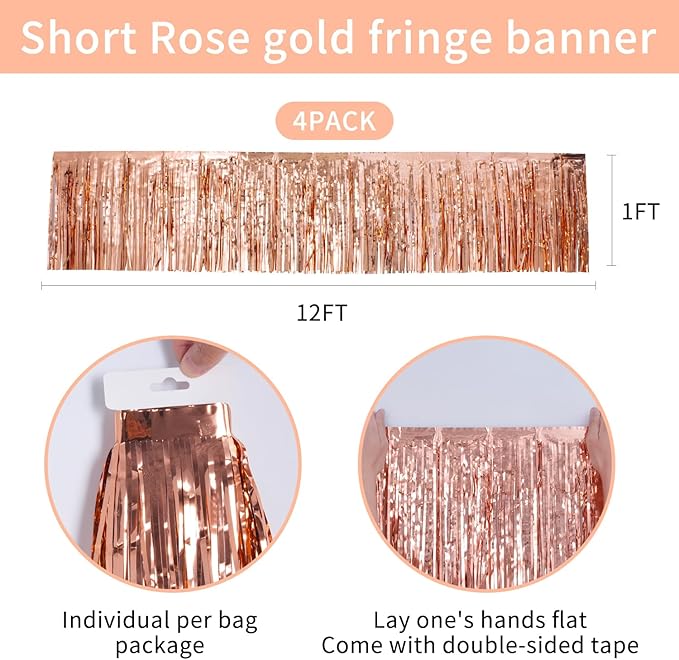 4Packs 12ft Rose Gold Tinsel Party Banner Garlands Disposable Table Skirts Wall Hanging Streamers Curtains Backdrop Party Decorations Photo Booth Props for Parade Floats Birthday Celebration