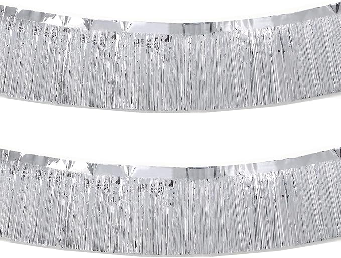 Silver Foil Fringe Garland 10FT 2packs, Metallic Foil Tinsel Fringe Banners for Parade Float Decorations Wedding, Birthday Party Graduation (Two Silver)