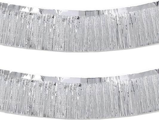 Silver Foil Fringe Garland 10FT 2packs, Metallic Foil Tinsel Fringe Banners for Parade Float Decorations Wedding, Birthday Party Graduation (Two Silver)