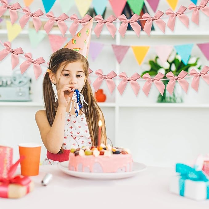 2pcs Bow Garland Banner, Ribbon Bow Party Decorations for Baby Shower Girls Bow Coquette Birthday Party Decor (Peach Pink)