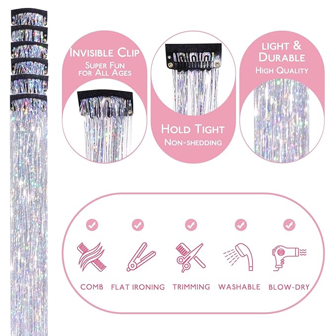 WENNALIFE Hair Tinsel Clip In for Girls Silver, 6pcs 24 inch Clips Tinsel Hair Extensions Clip in Colorful Glitter Clips Sparkle Fairy Hair Accessories for Kids