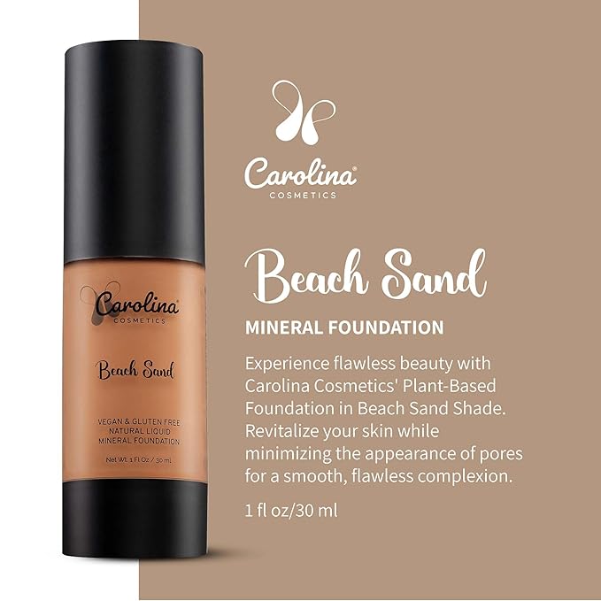 Carolina Cosmetics - Foundation in Beach Sand Shade Plant-Based - Hydrating, Pore-Minimizing & Buildable Coverage - Vegan, Non-GMO, Paraben-Free - 1oz